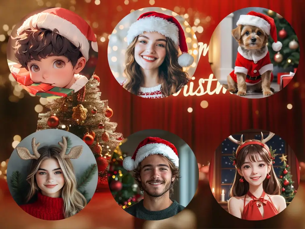 AI-generated festive Christmas avatars for people and pets wearing Santa hats and reindeer antlers.