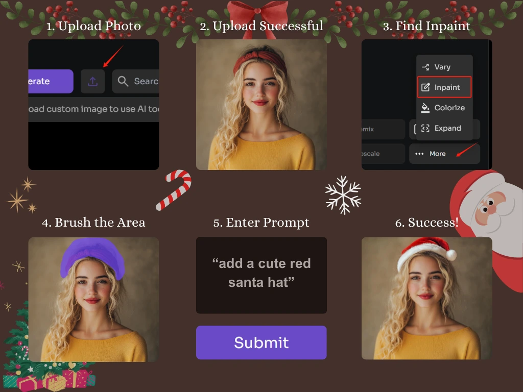 A tutorial explaining how to use PicLumen to add a Christmas hat to a photo.