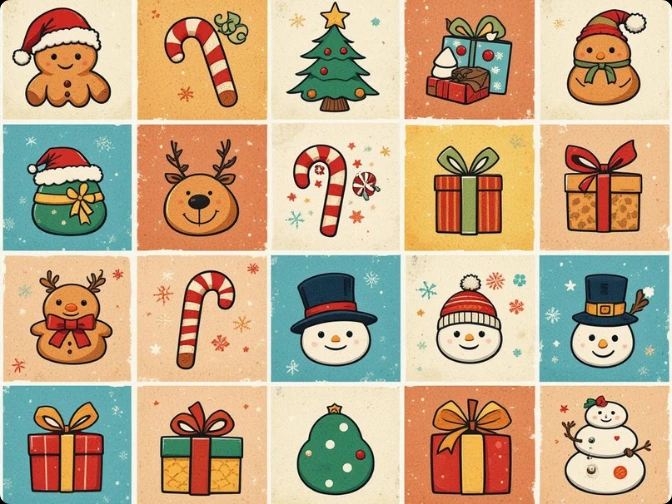 A retro Christmas pattern grid featuring cute illustrations of candy canes, Christmas trees, reindeer, snowmen, and wrapped gifts.