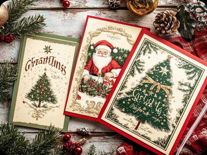 Vintage-style Christmas greeting cards featuring illustrations of Santa Claus and a decorated pine tree.