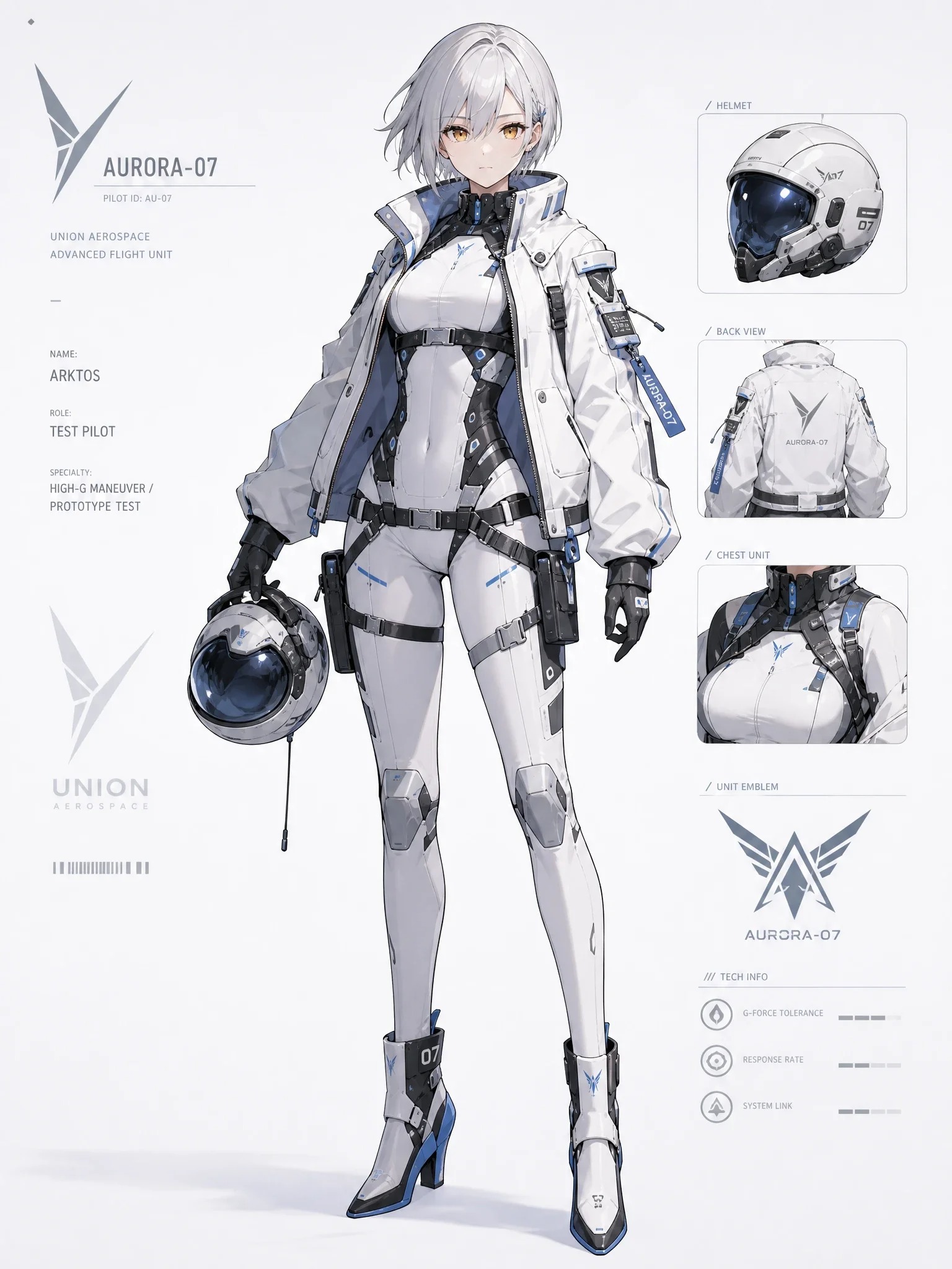 A full-body 2D anime sci-fi female pilot, front-facing character design