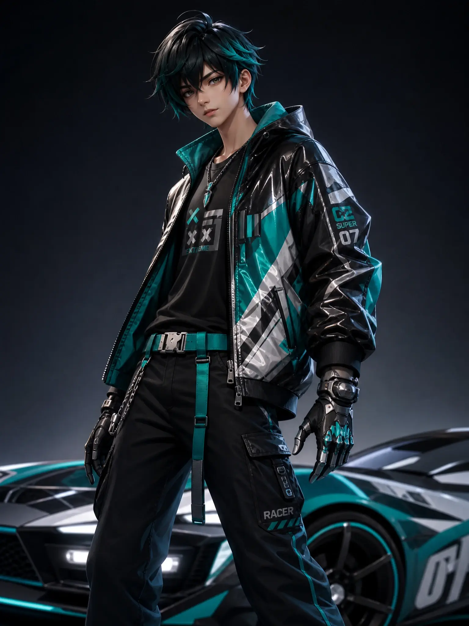 A polished 3D-style anime character of a futuristic street racer
