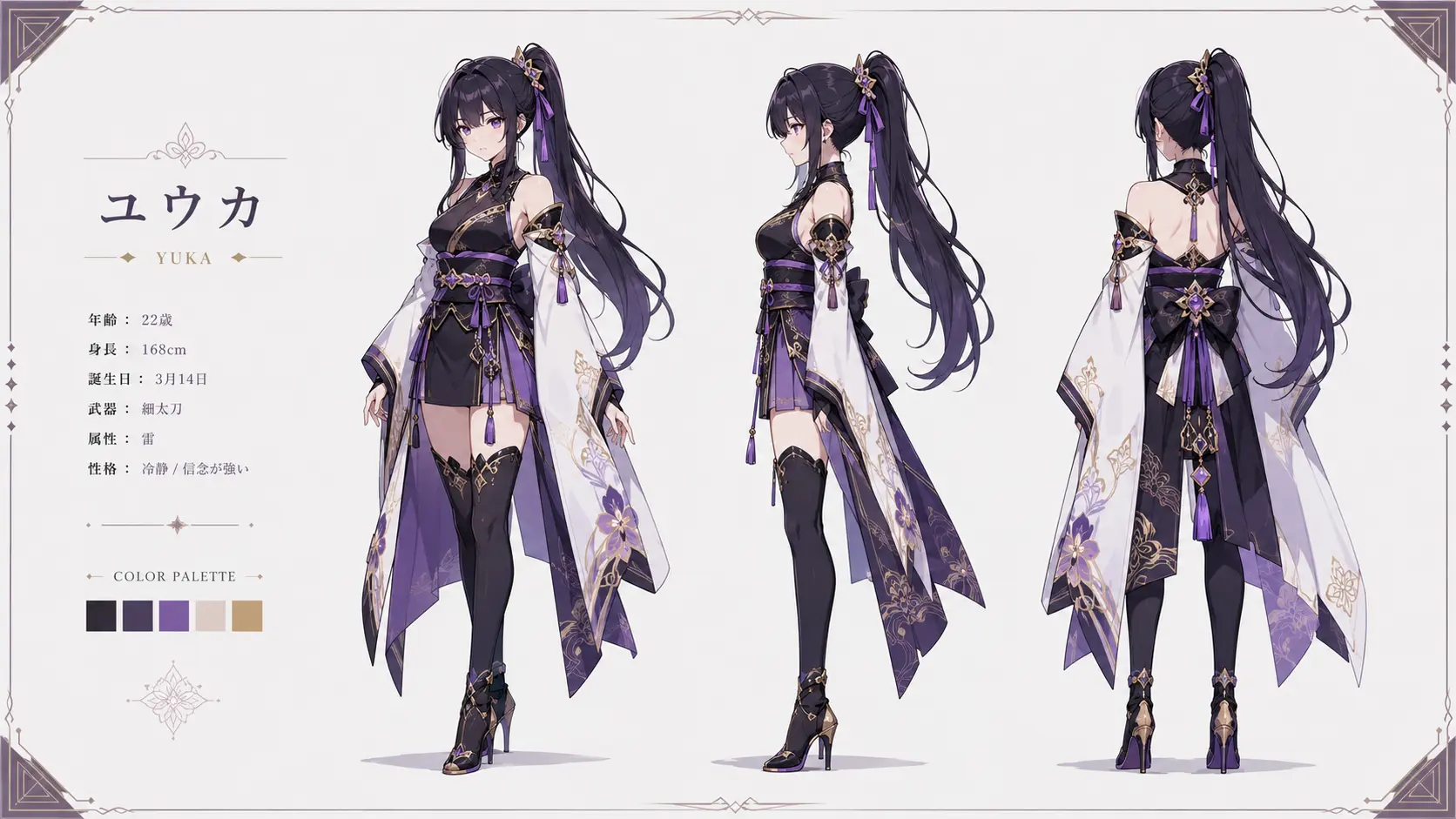 character reference sheet showing the same anime character from the front, side, and back