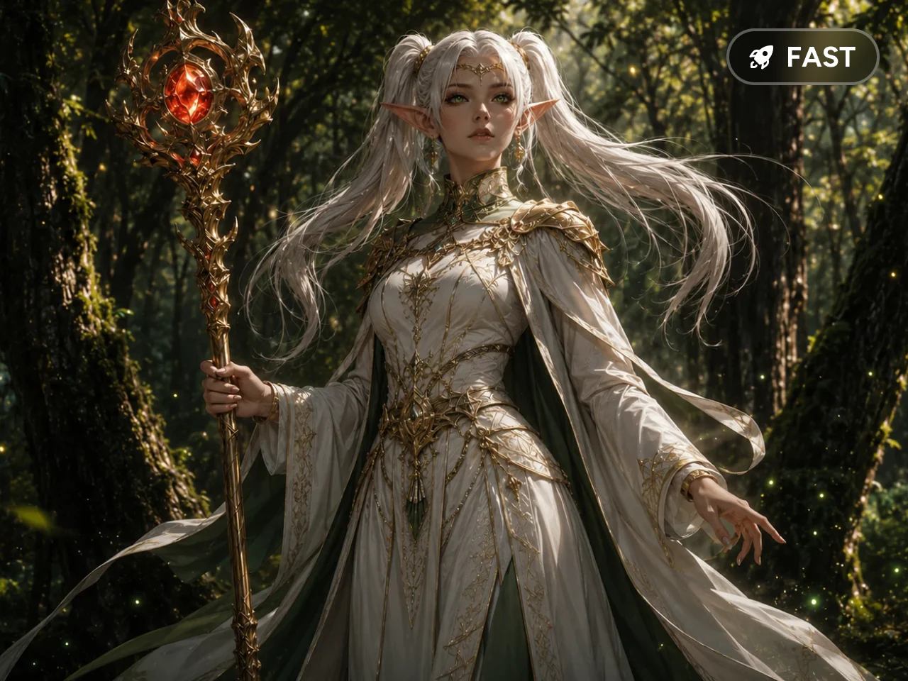 AI-generated fantasy elf sorceress character with glowing staff