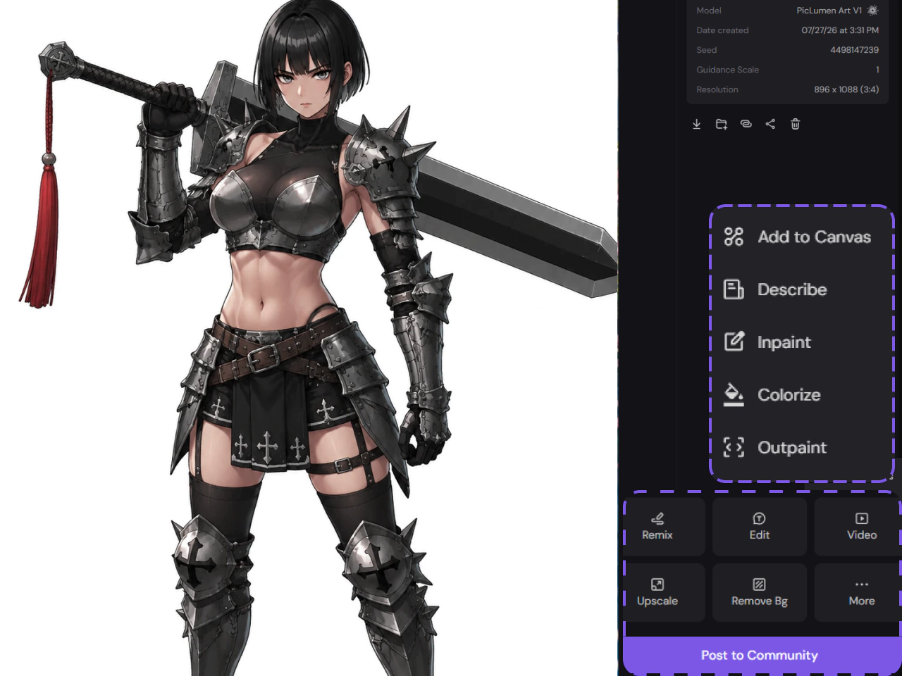 Game character artwork with AI editing tools panel showing inpaint, colorize, and outpaint options