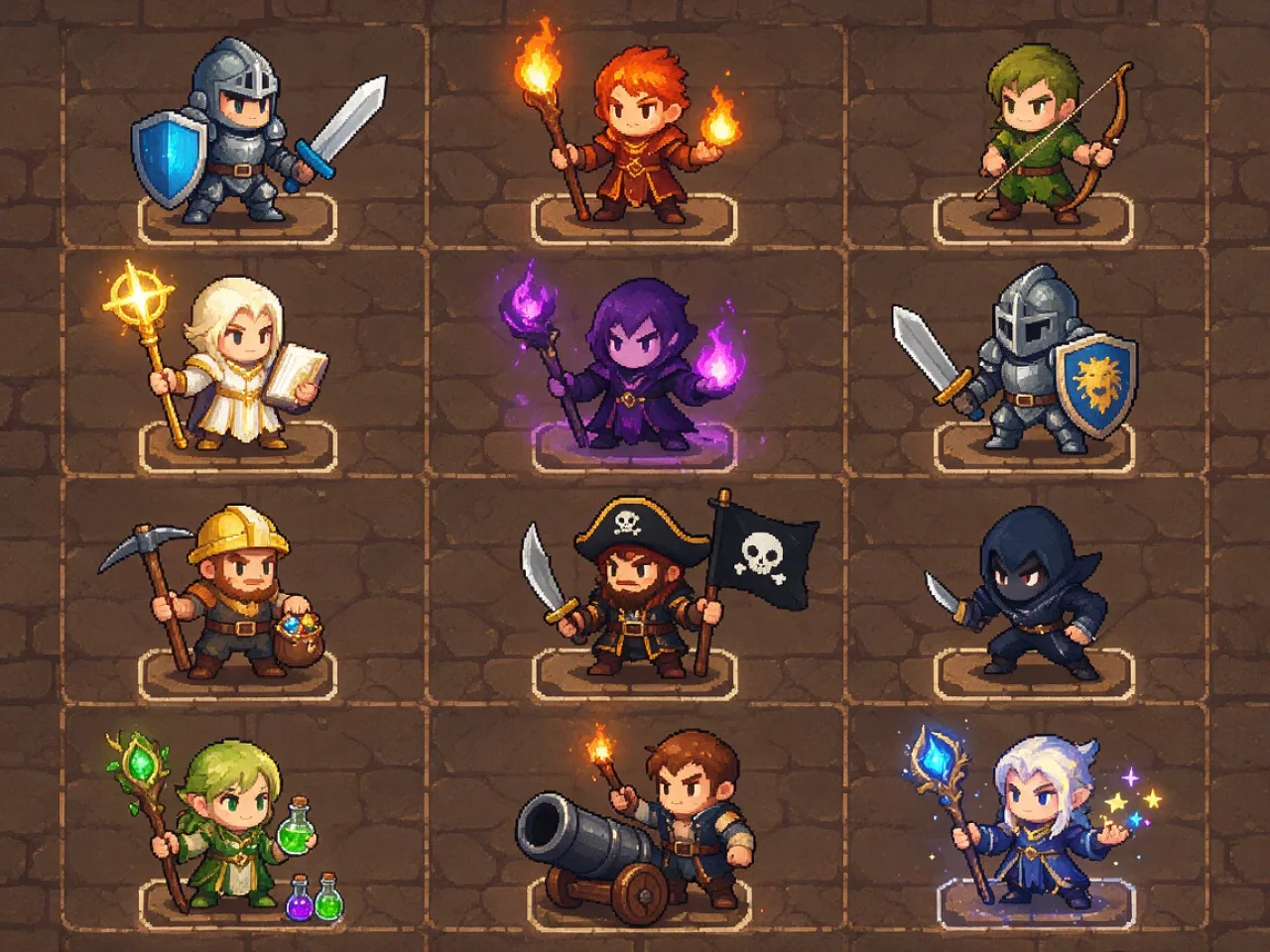 Pixel art style game character sprites generated by AI, showing knights, mages, and pirates