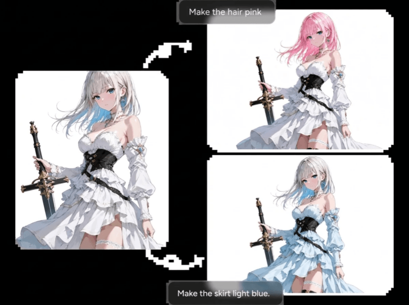 AI-generated character consistency example showing same character with different hair colors and dress colores