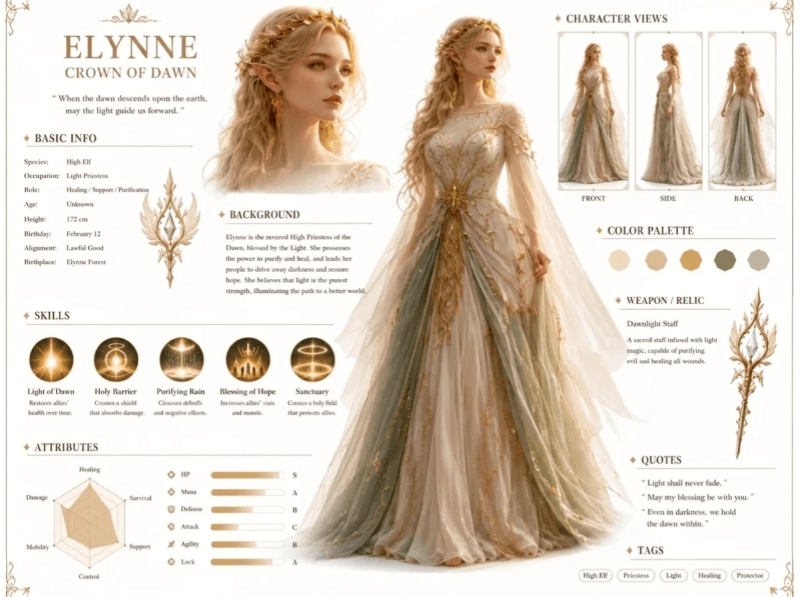 AI-generated game character design sheet showing turnaround views