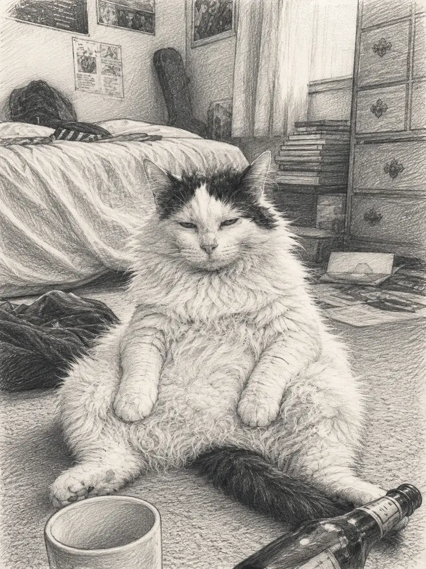 cat bedroom pencil sketch drawing