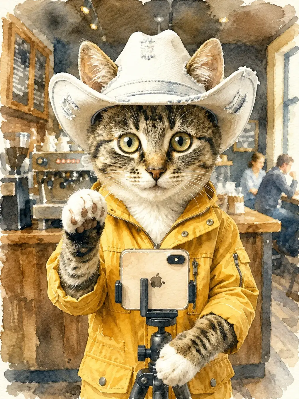 A watercolor depiction of a cat wearing a yellow jacket.