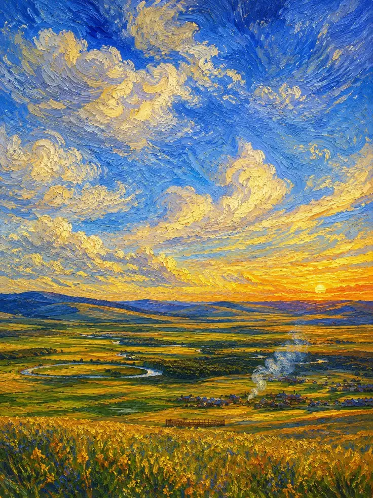 A pastoral photograph in the style of Van Gogh