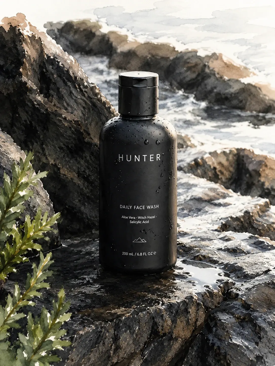 hunter face wash watercolor on coastal rocks