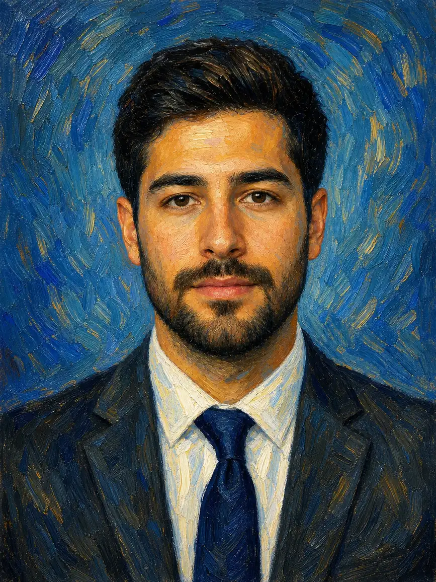 paint a portrait in an expressive post-impressionist style with visible oil brushwork, curved lines
