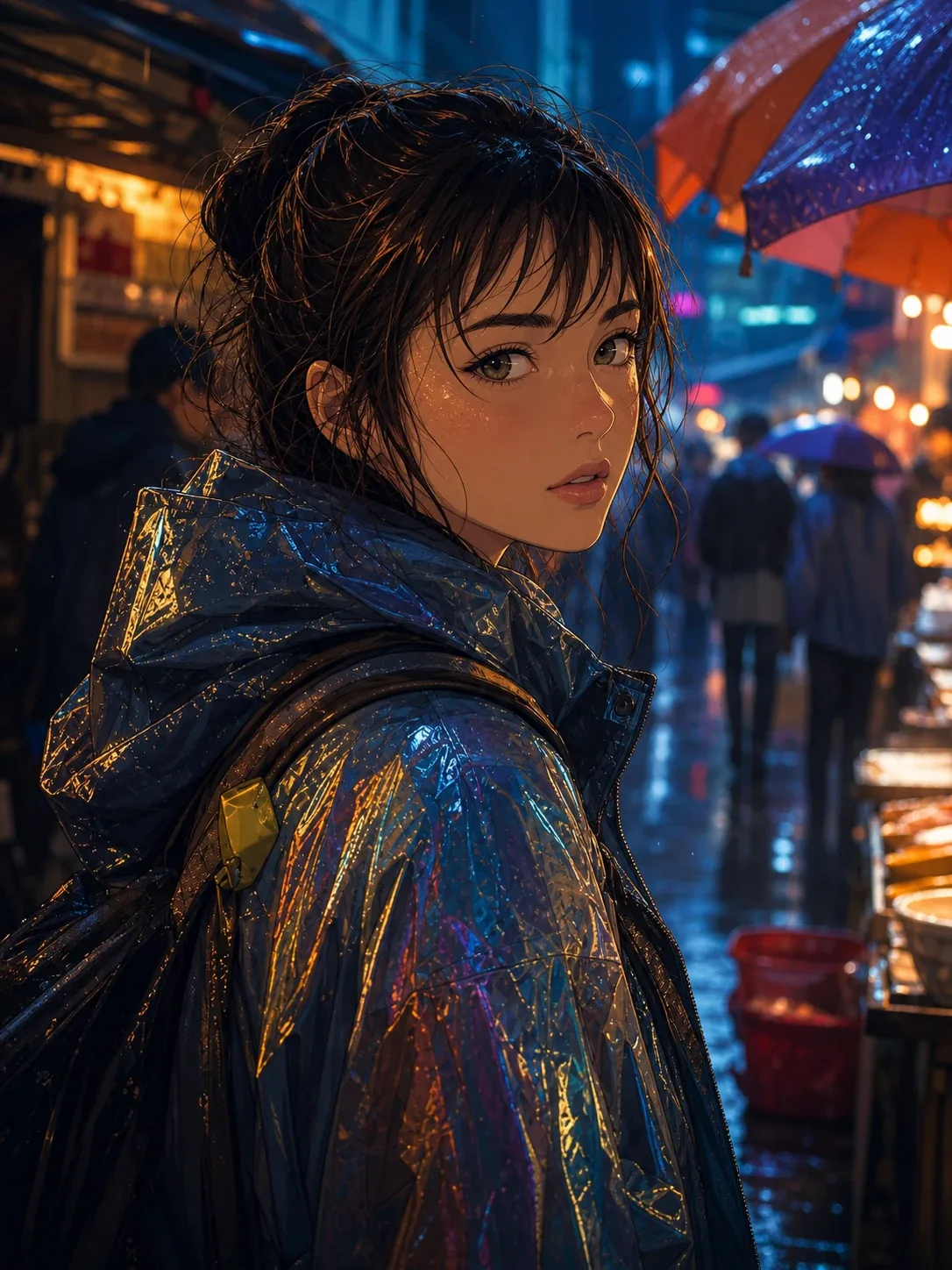 An anime woman looking back in the rain