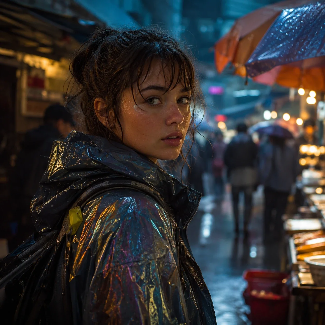 A woman looking back in the rain