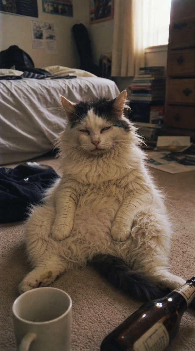 A highly realistic vintage-style candid photo of a hungover cat after a wild night