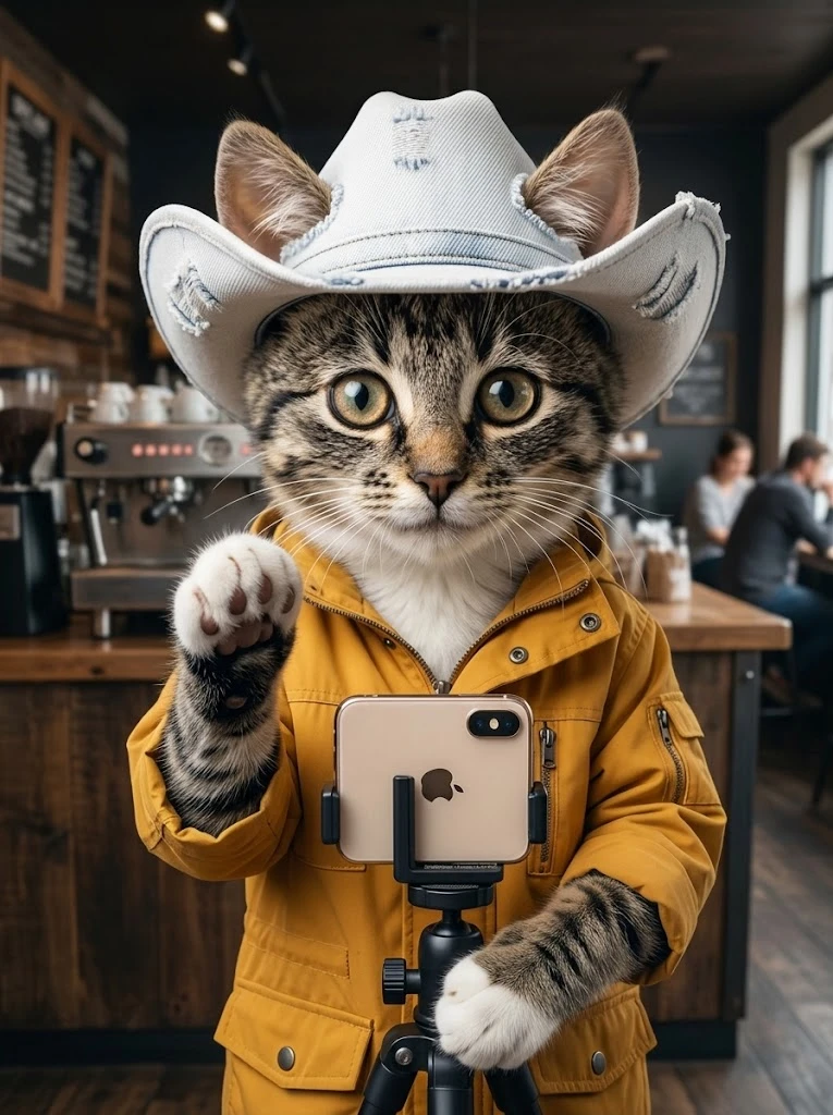 A cute anthropomorphic tabby cat, standing upright and behaving like a human