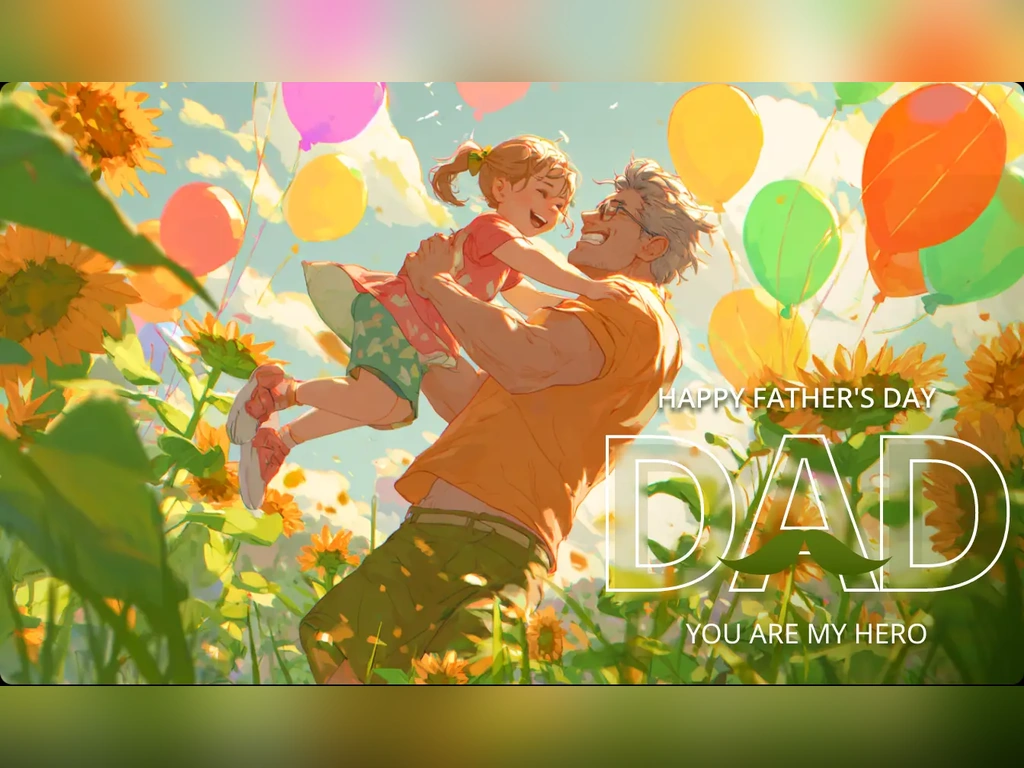 illustration styled celebrity father's day card of a father lifts his daughter up in the sunflower field