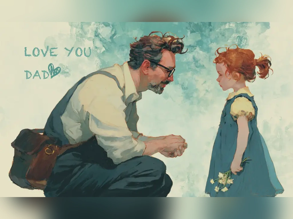 A watercolor painting of a father crouching down and talking to his daughter