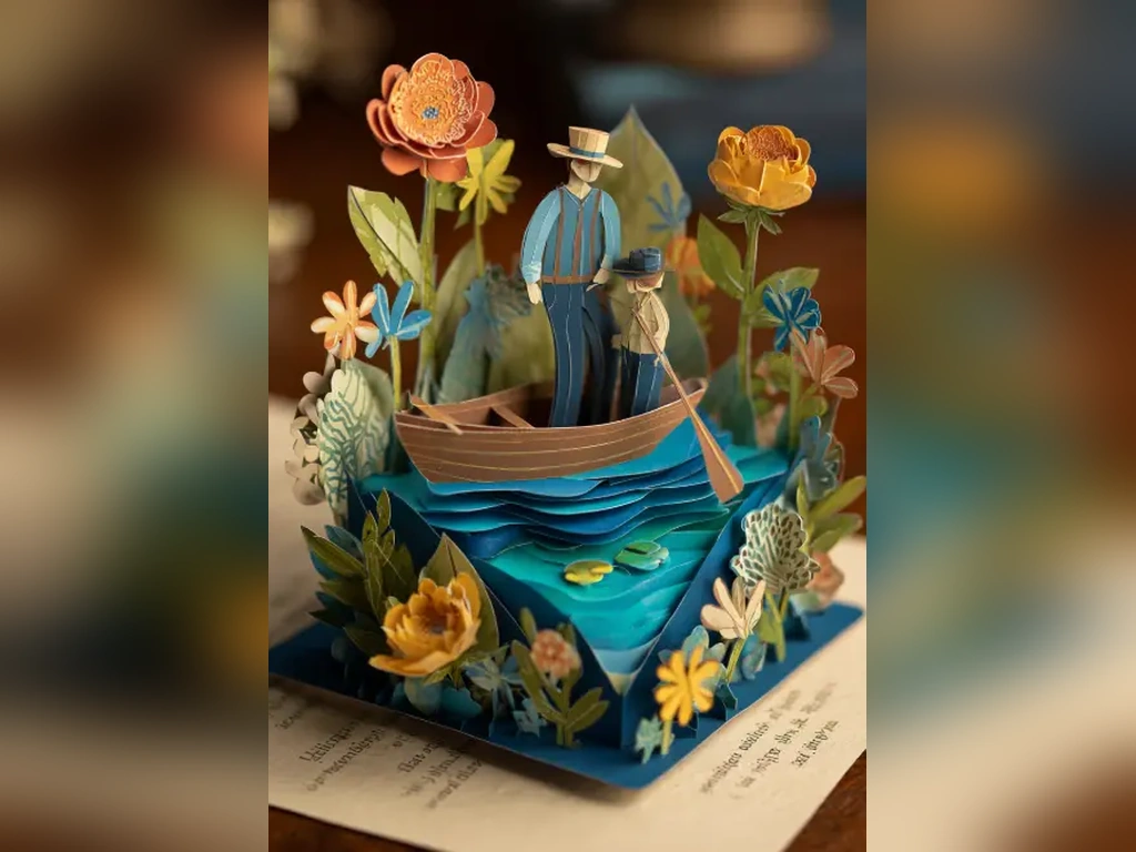 A pair of father and son on a ship, created by father's day image generator using paper cutouts