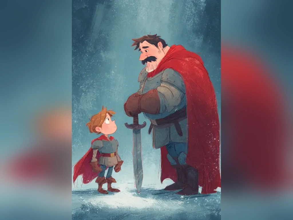 father's day image generator created children illustraion of a knight father and his child gazing at each other