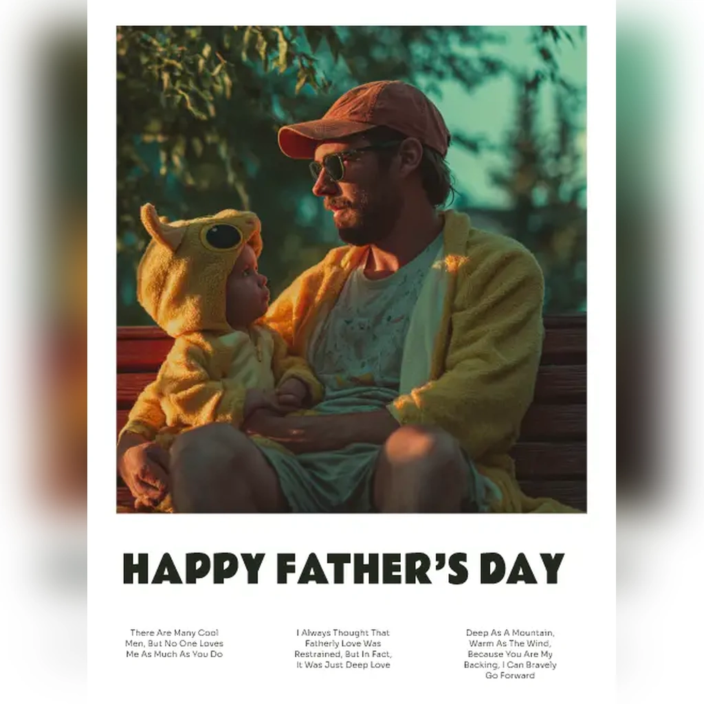 Father's Day card made from a photo of a father and son dressed in yellow furry costumes
