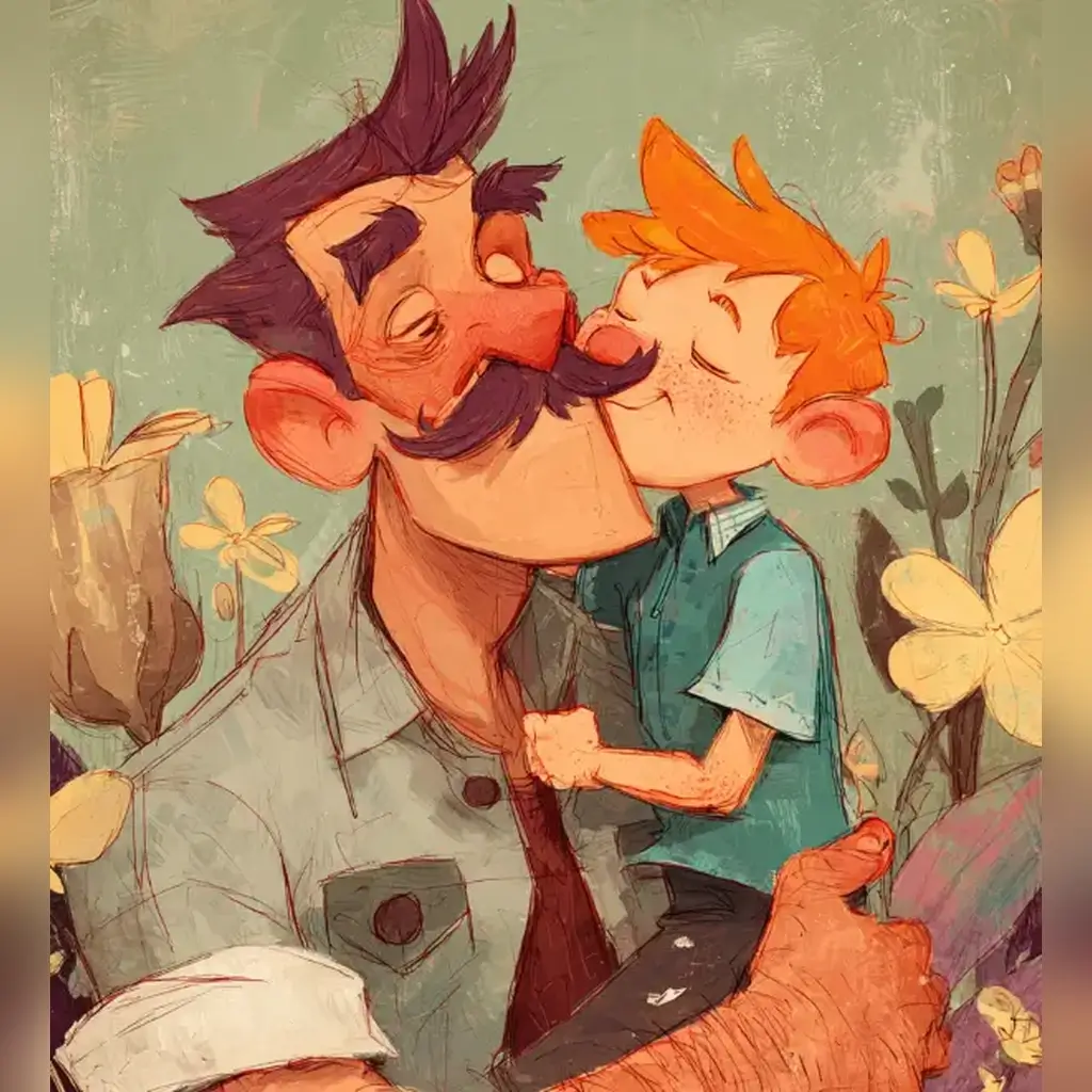 a hand-drawn picture of a son kissing his father's cheek created by father's day image generator