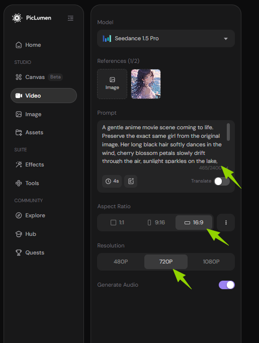 adjusting video setting in piclumen