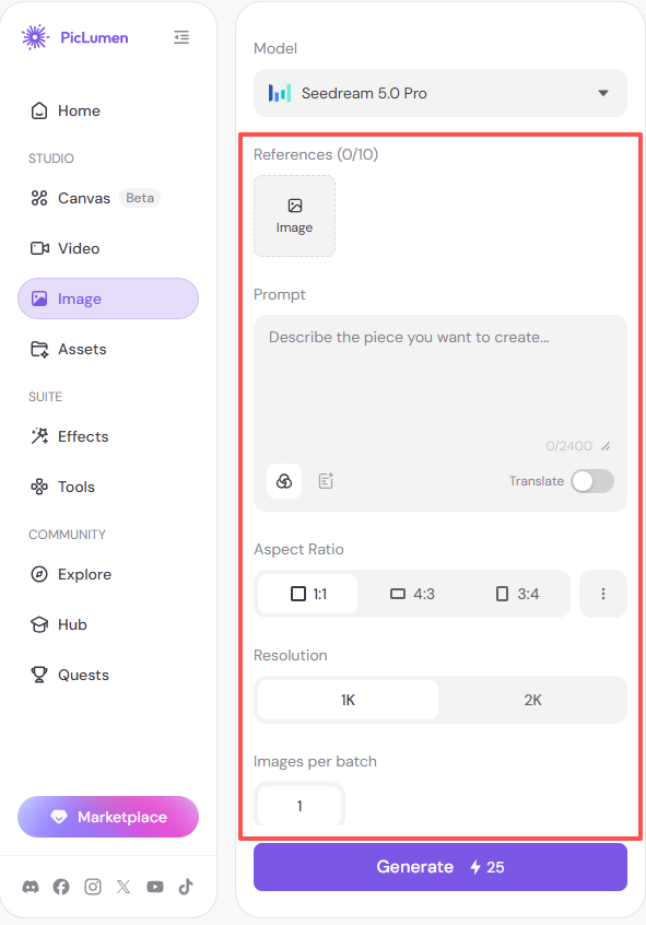 piclumen image generaot settings