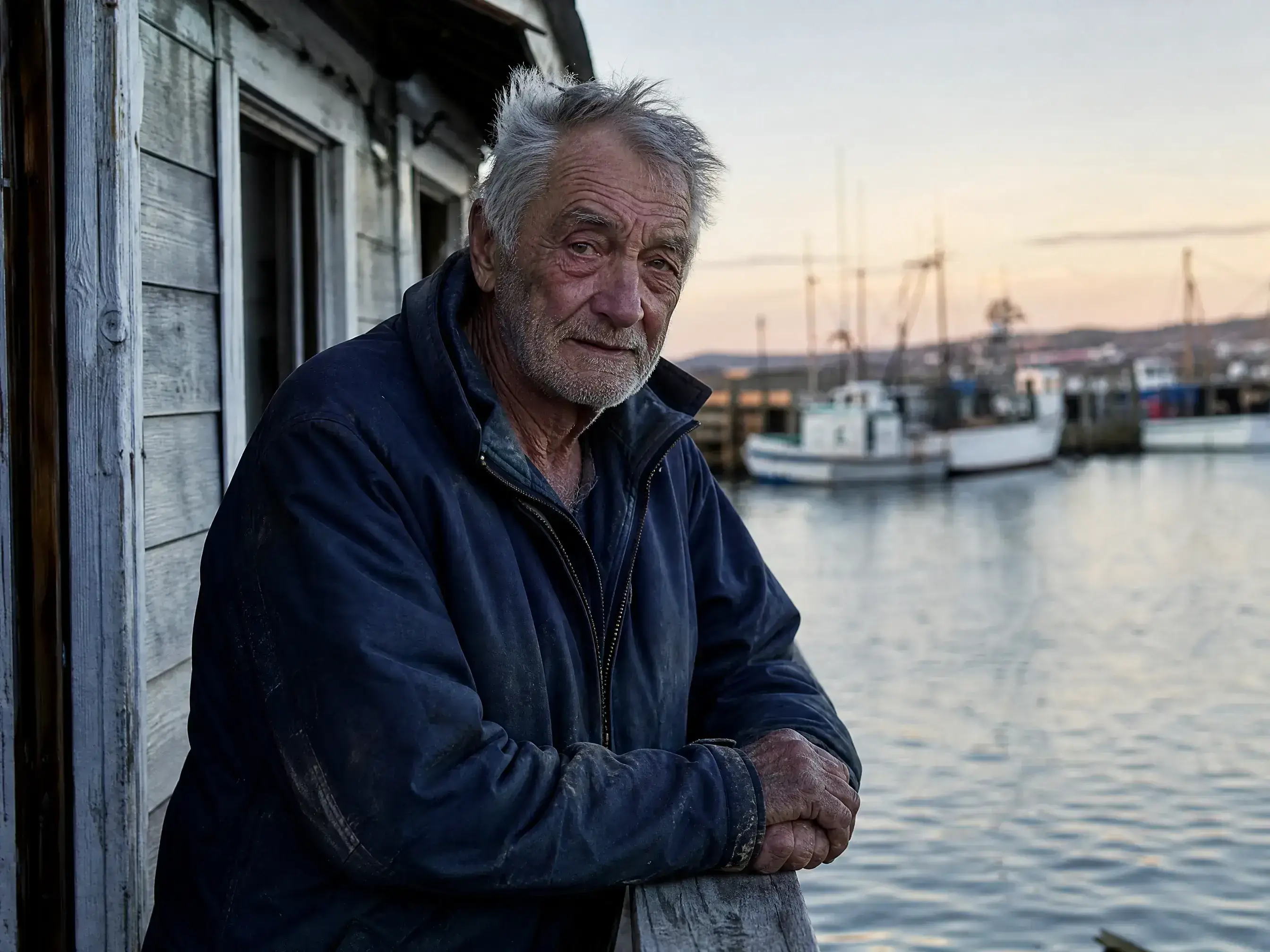 PicLumen realistic AI photo of an elderly fisherman at a harbor