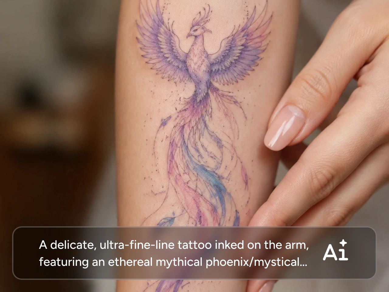 Text-zu-Tattoo-Generierung mit einem Fine-Line-Phönix-Design
