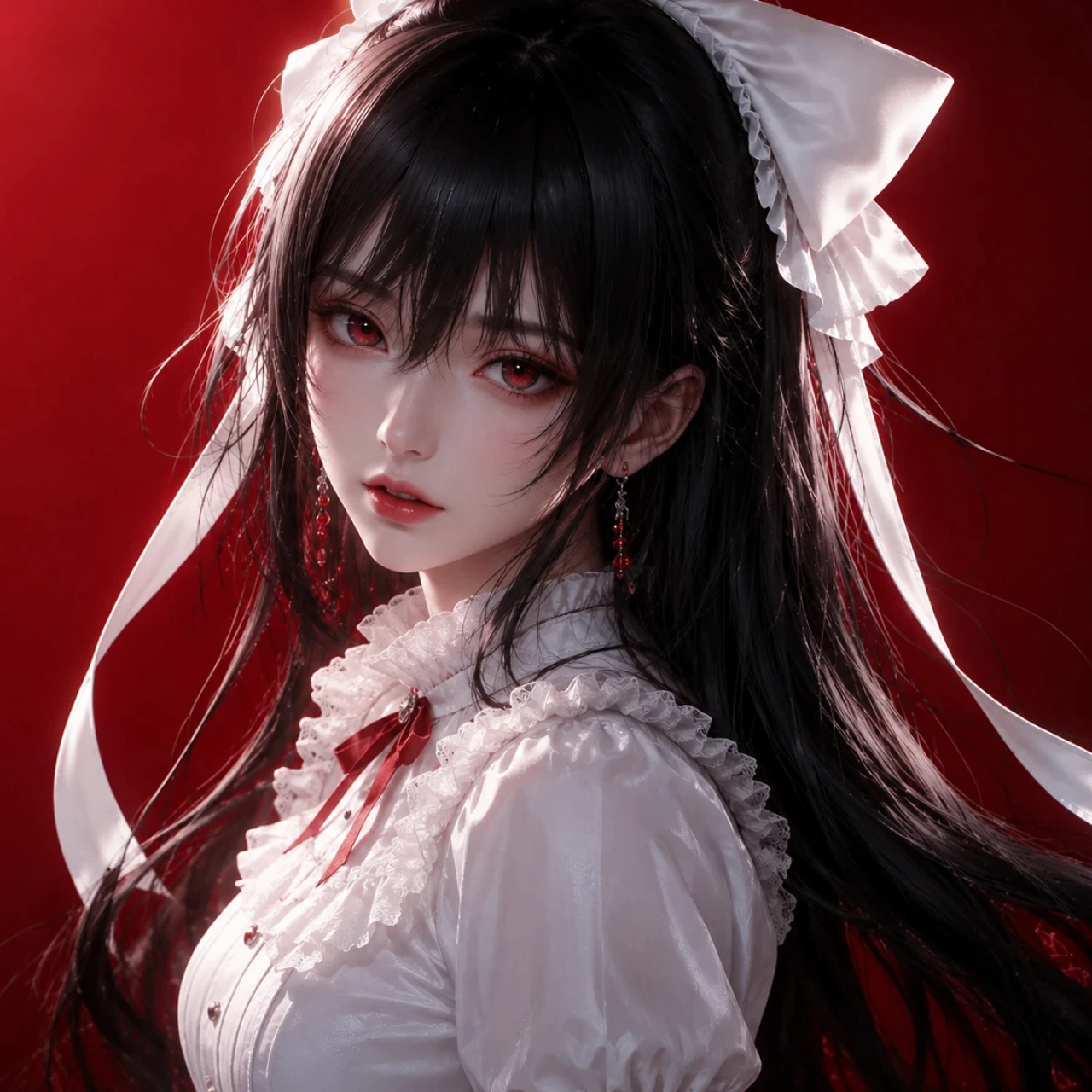 3D anime-style character with black hair, red eyes, and a large white bow