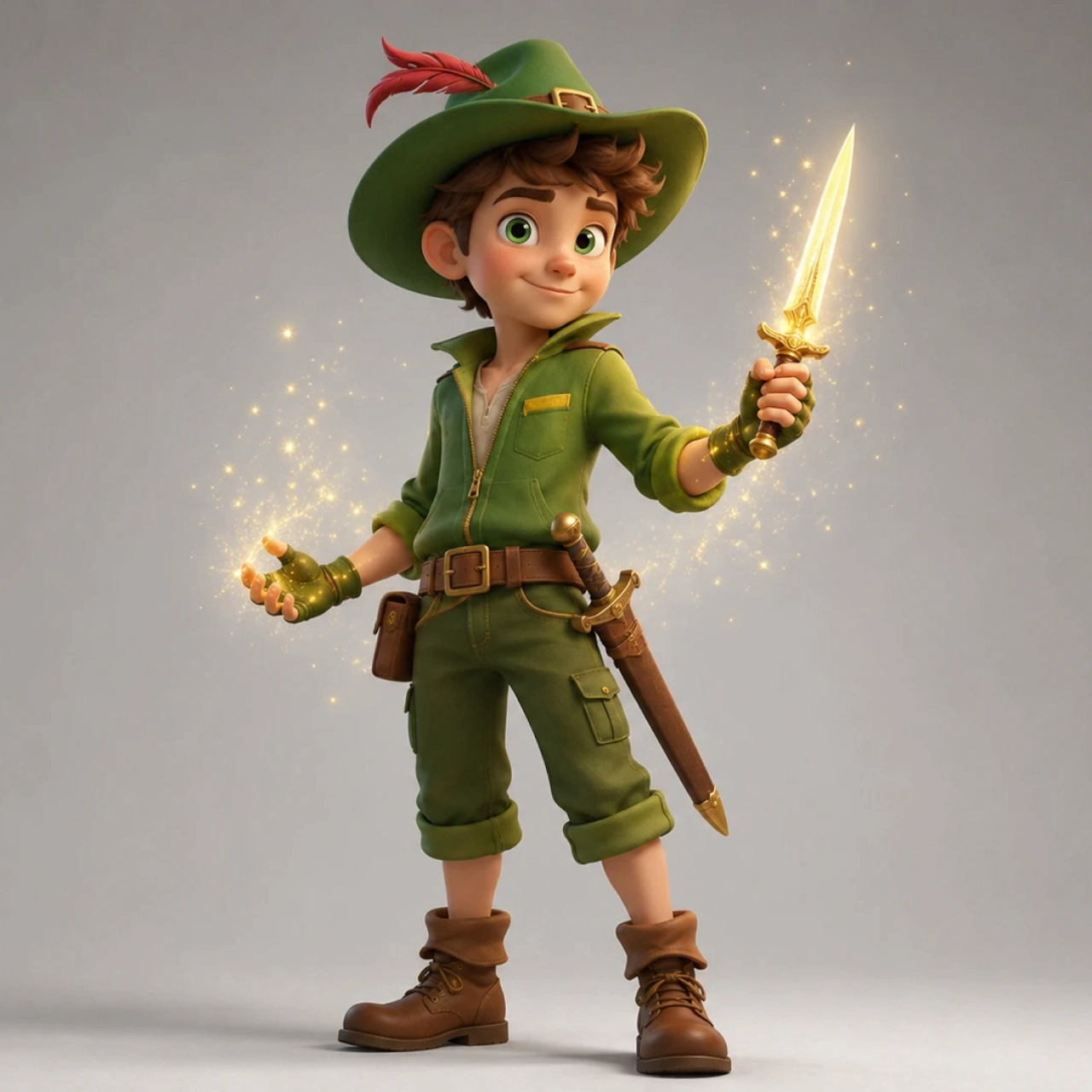 3D Pixar-style young adventurer holding a glowing golden dagger