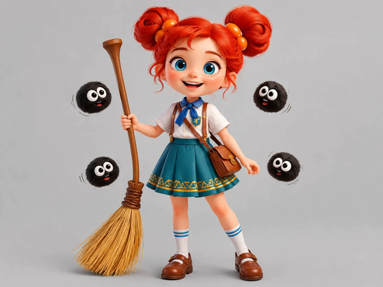 a girl with a broom surrounded by soot sprite creatures