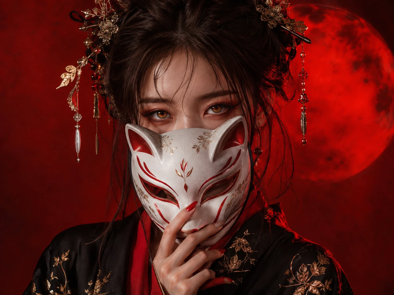 3D character portrait of a woman holding a white kitsune fox mask