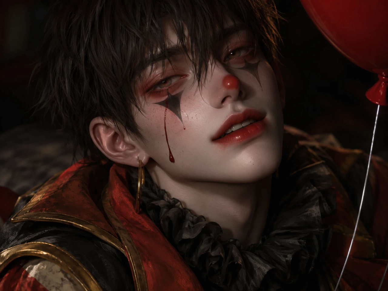 3D character portrait of a tragic clown with dramatic red and gold theatrical makeup