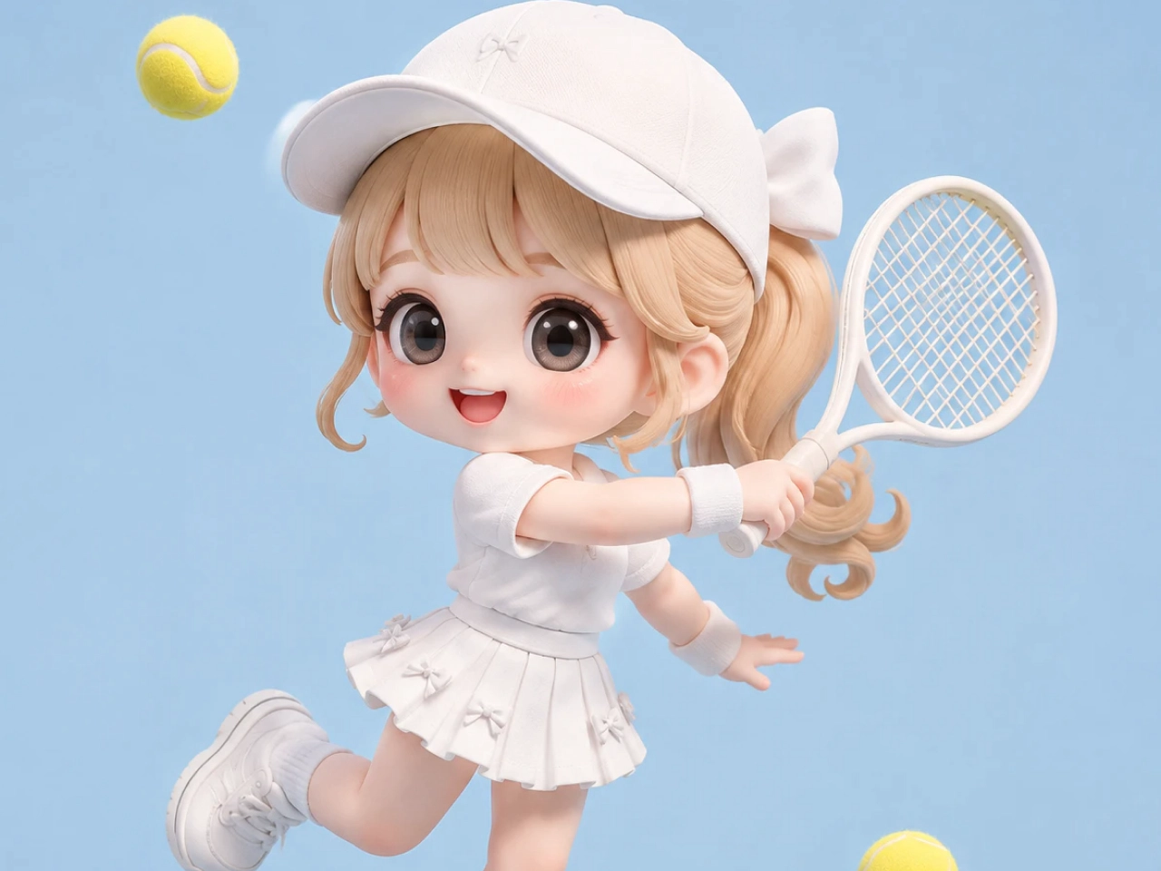 3D cartoon chibi girl playing tennis in a white sporty outfit