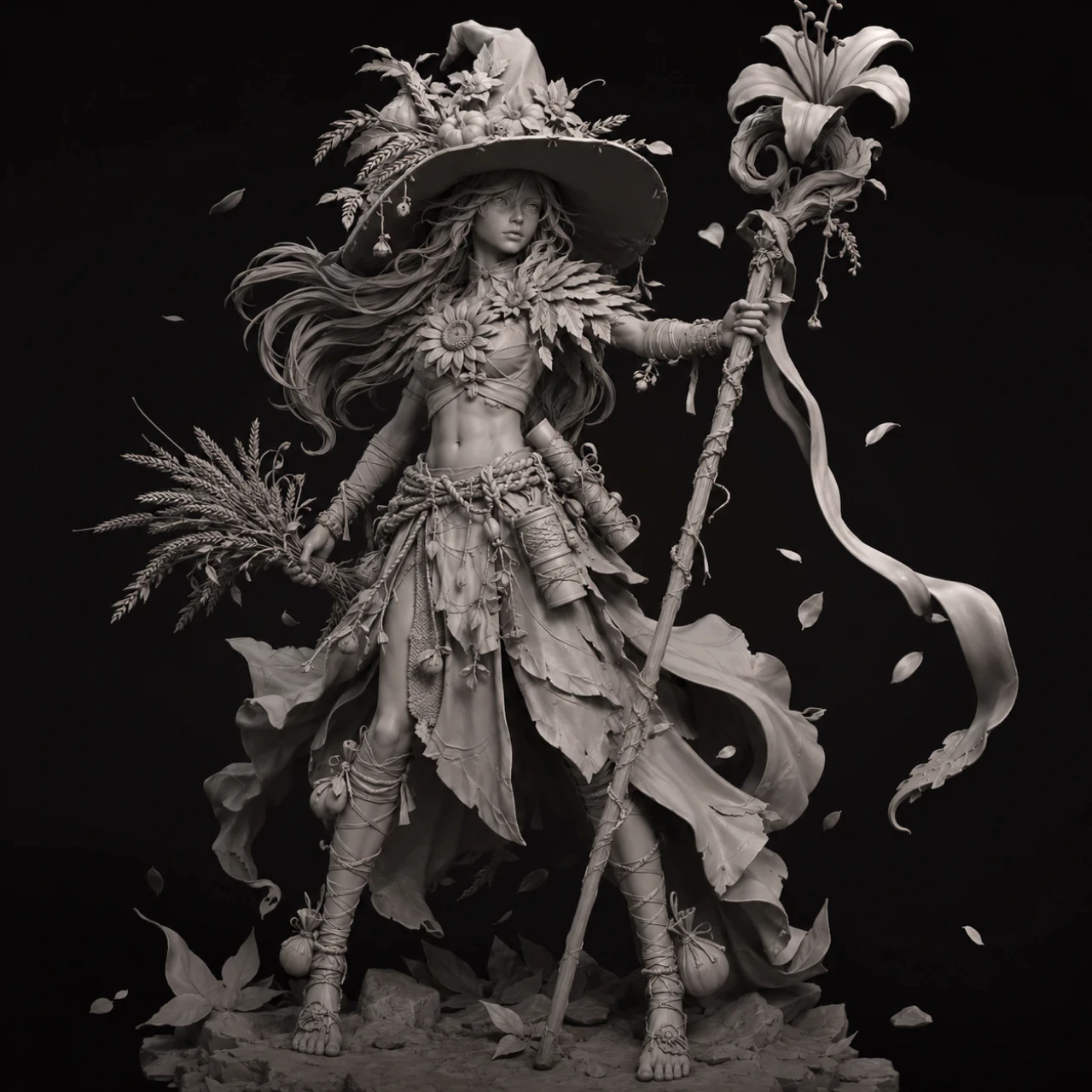 3D grey clay sculpt of a fantasy forest ranger with a floral staff