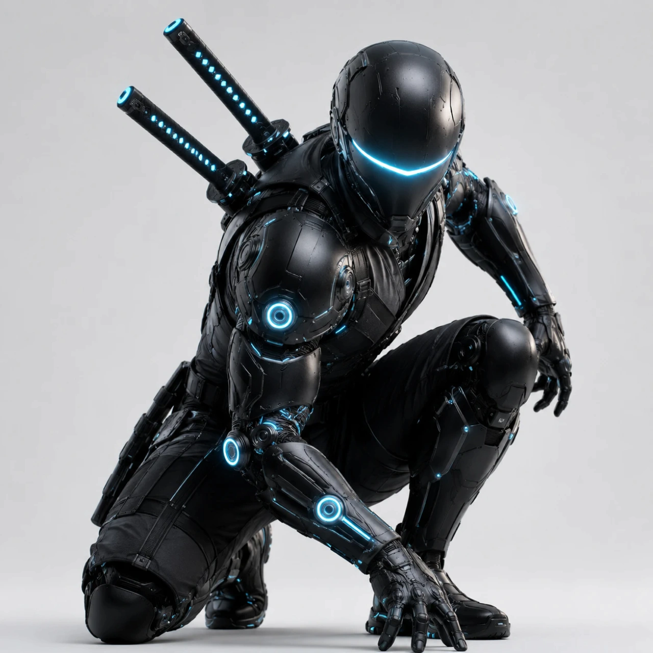 3D futuristic cybernetic ninja in matte black armor with glowing cyan accents
