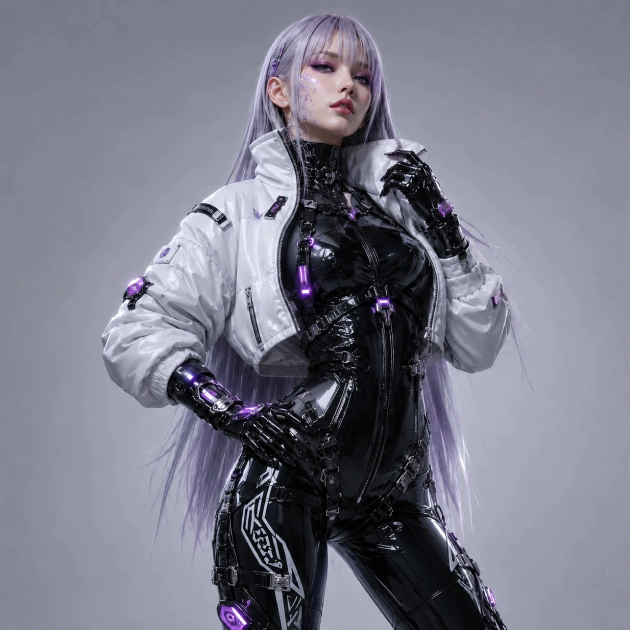 3D cyberpunk female character in a white jacket and black latex bodysuit