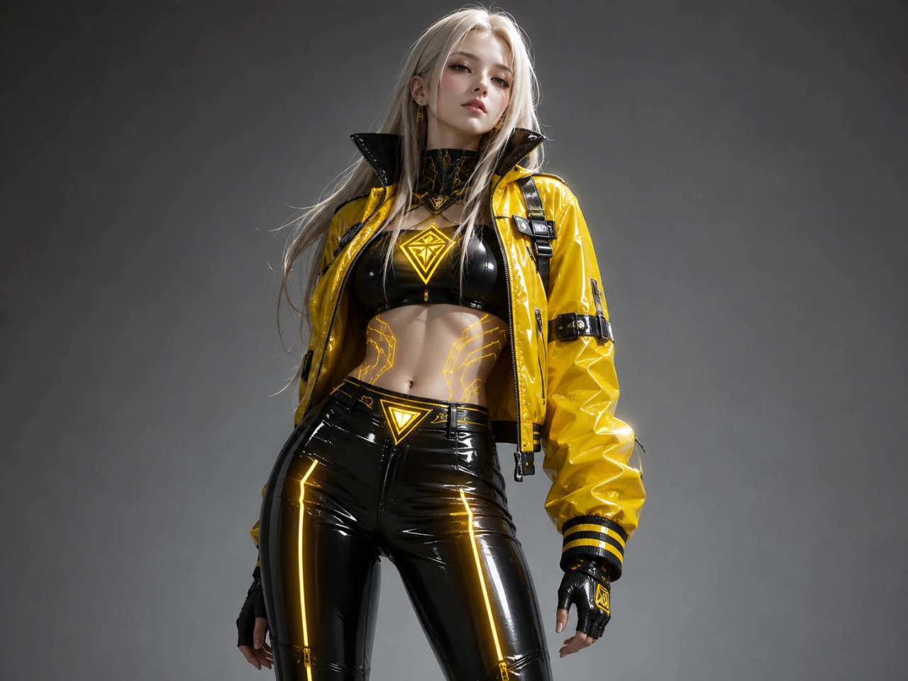 3D cyberpunk female character in a yellow glossy PVC jacket and black leather pants