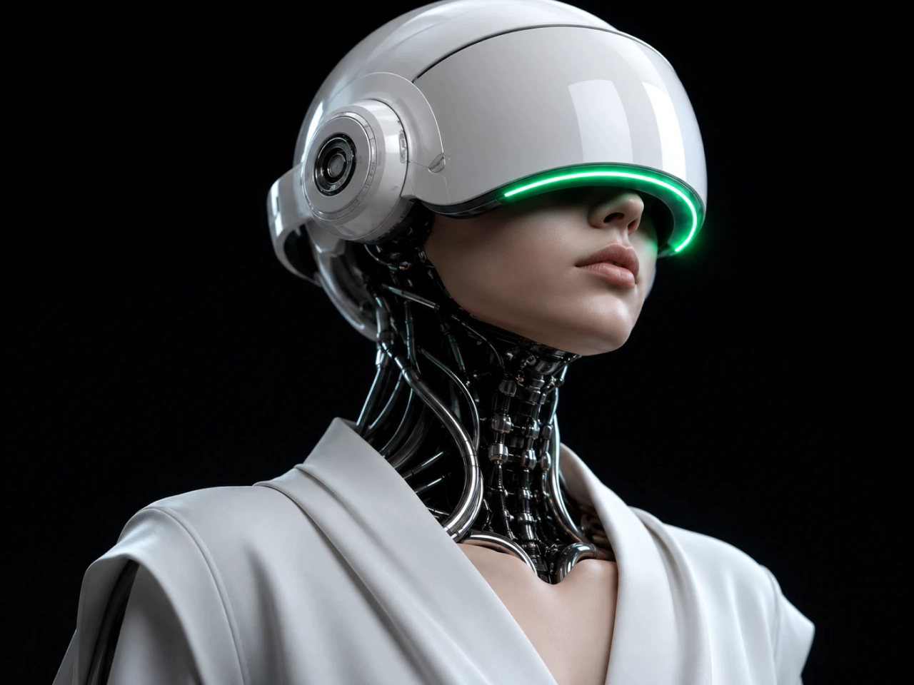 3D futuristic cyborg character with white VR headset and mechanical neck wires