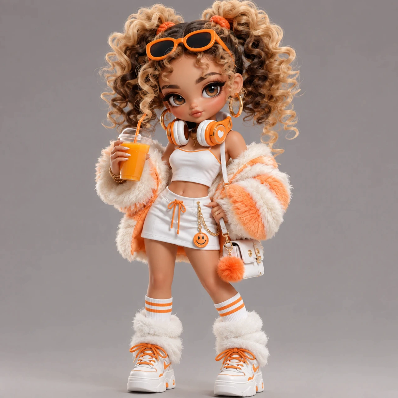 3D fashion doll character in an orange and white fluffy outfit