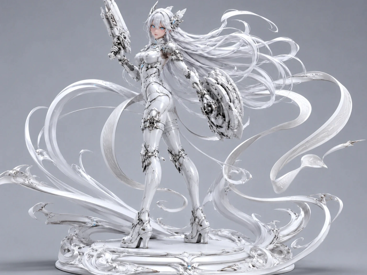 3D white sculpted female warrior with flowing silver hair and ribbon fabric
