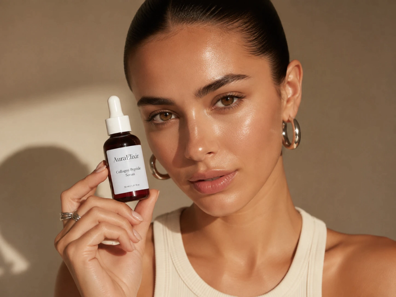 uma foto de produto de uma mulher segurando um frasco de sérum para cuidados com a pele