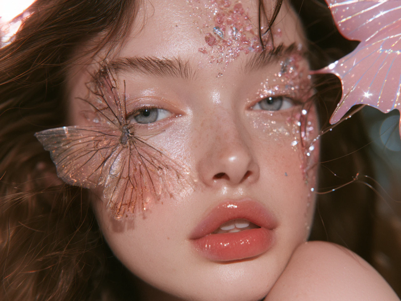 AI-generated close-up portrait with floral and butterfly details, fine skin texture