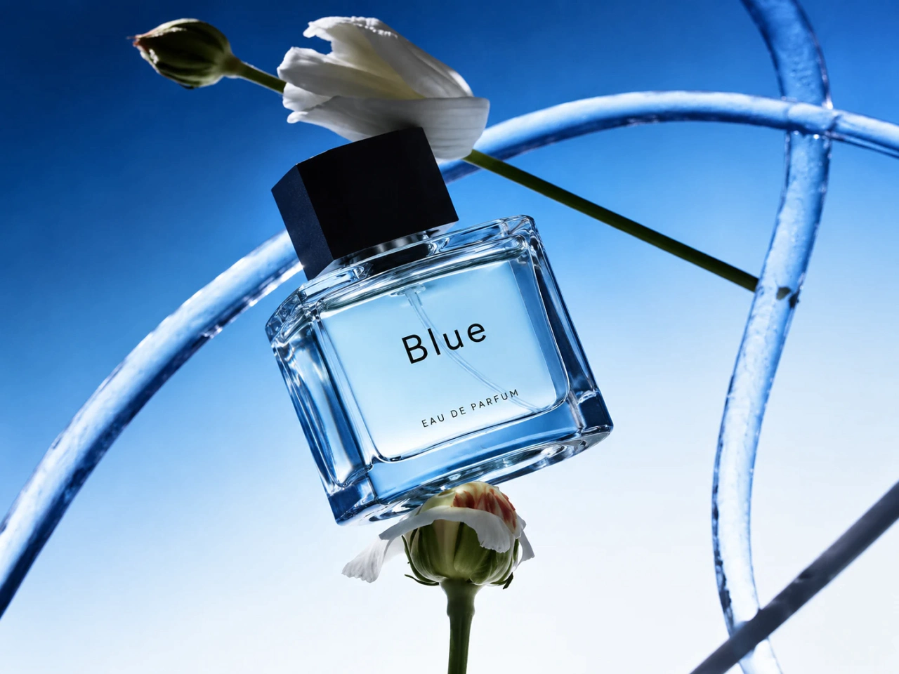 uma imagem de produto de perfume gerada por IA com fundo de respingo de água azul