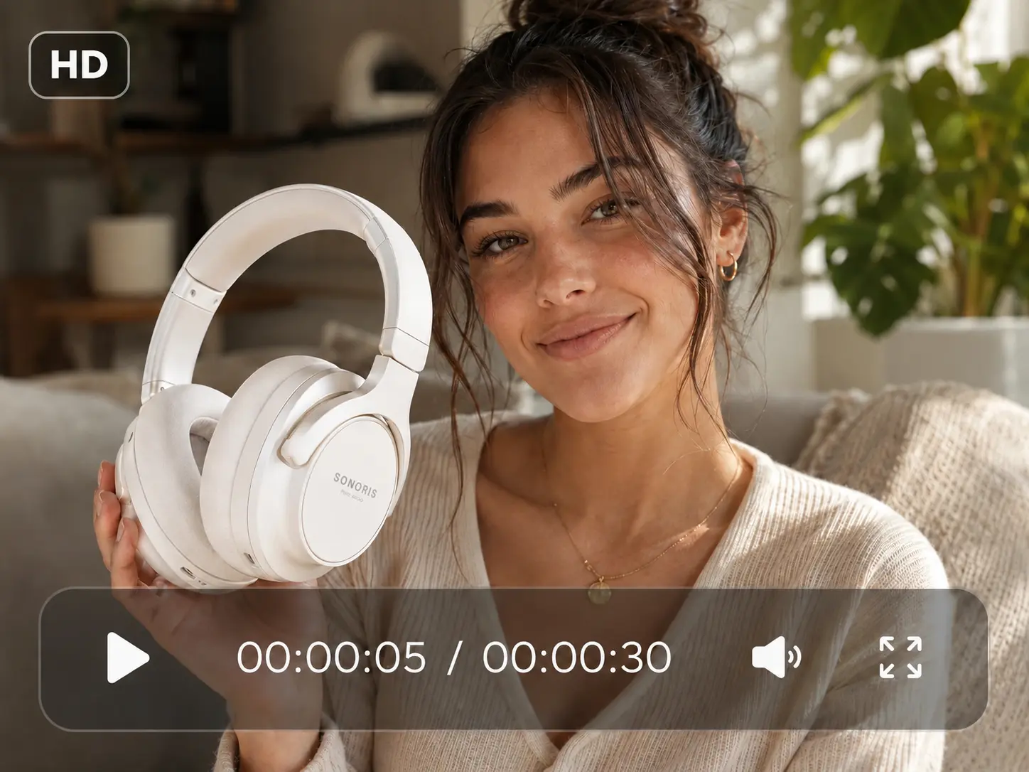 Seedance 2.5 AI Video Generator HD UGC product video preview with white headphones and creator model