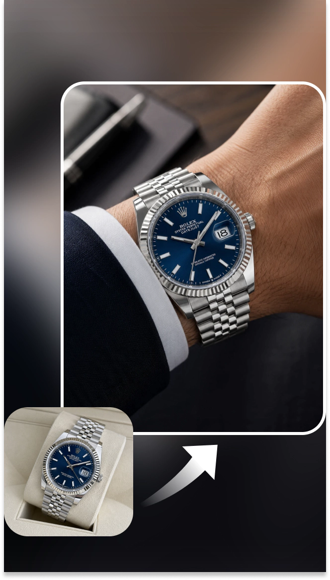 a blue dial wristwatch shown naturally on a model’s wrist

