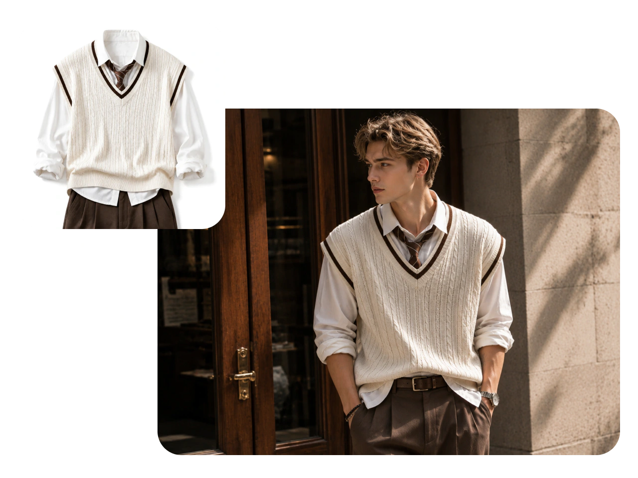 a model wearing a sweater from a product reference

